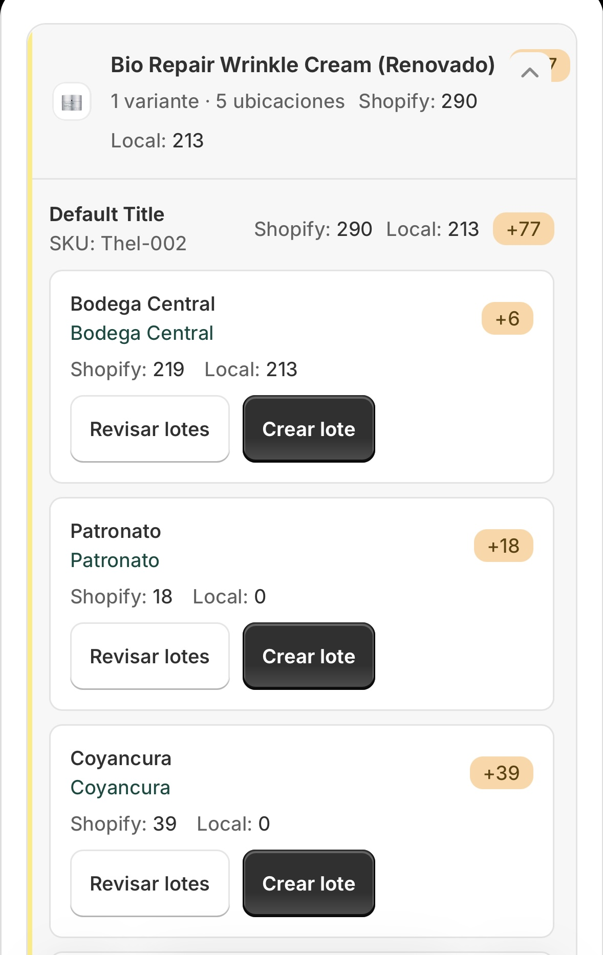 Detalle de discrepancia de stock con comparación Shopify vs FreshStock por sucursal — FreshStock FIFO