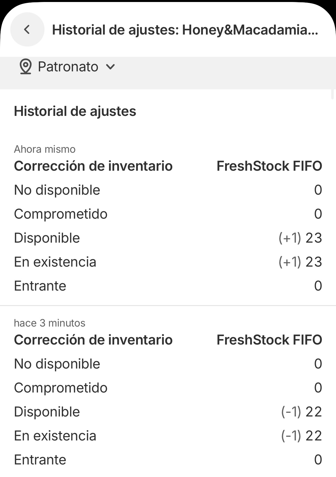 Vista de inventario con botón Reajustar stock y acceso a trazabilidad — FreshStock FIFO