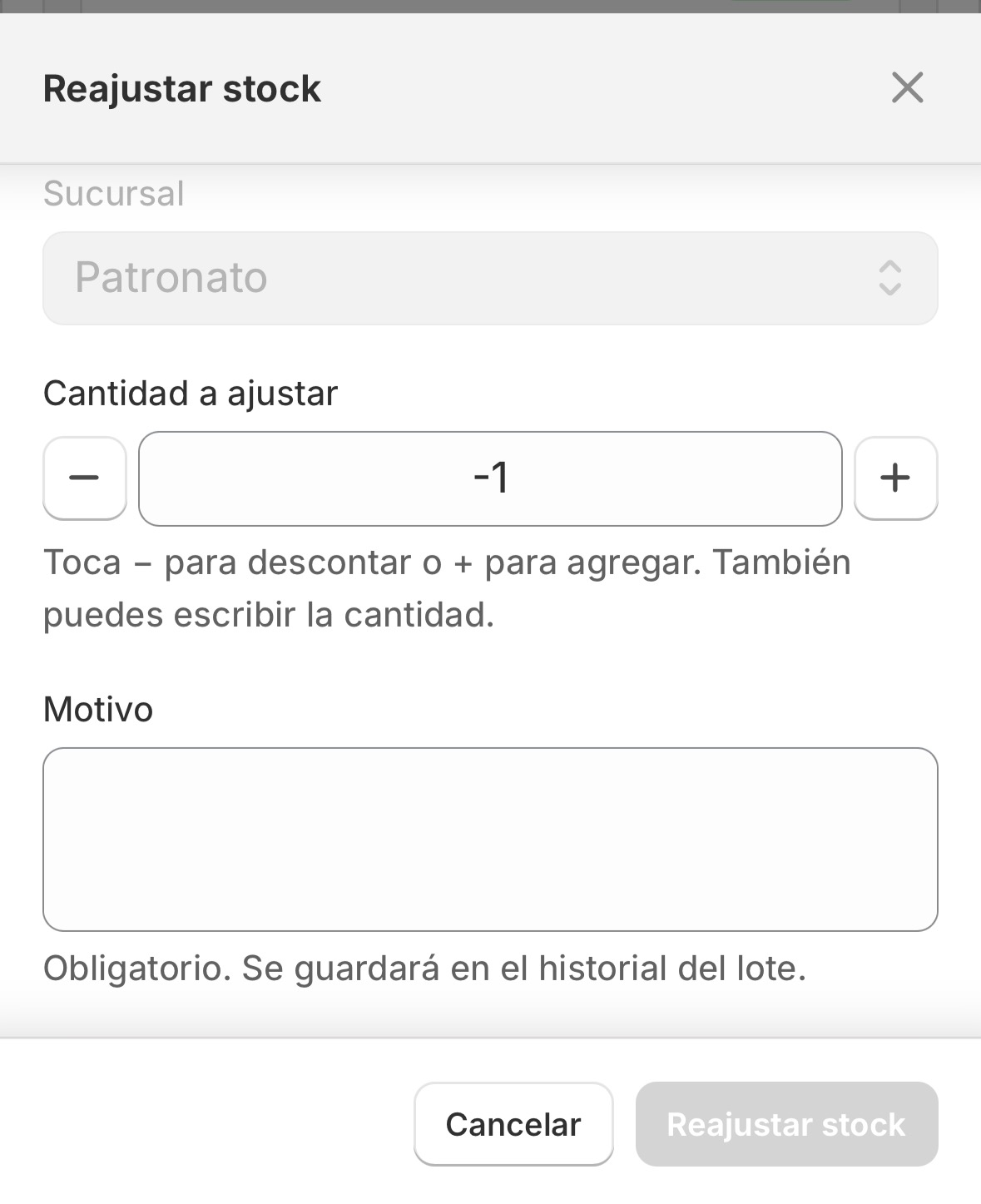 Modal de reajuste de stock por lote — FreshStock FIFO